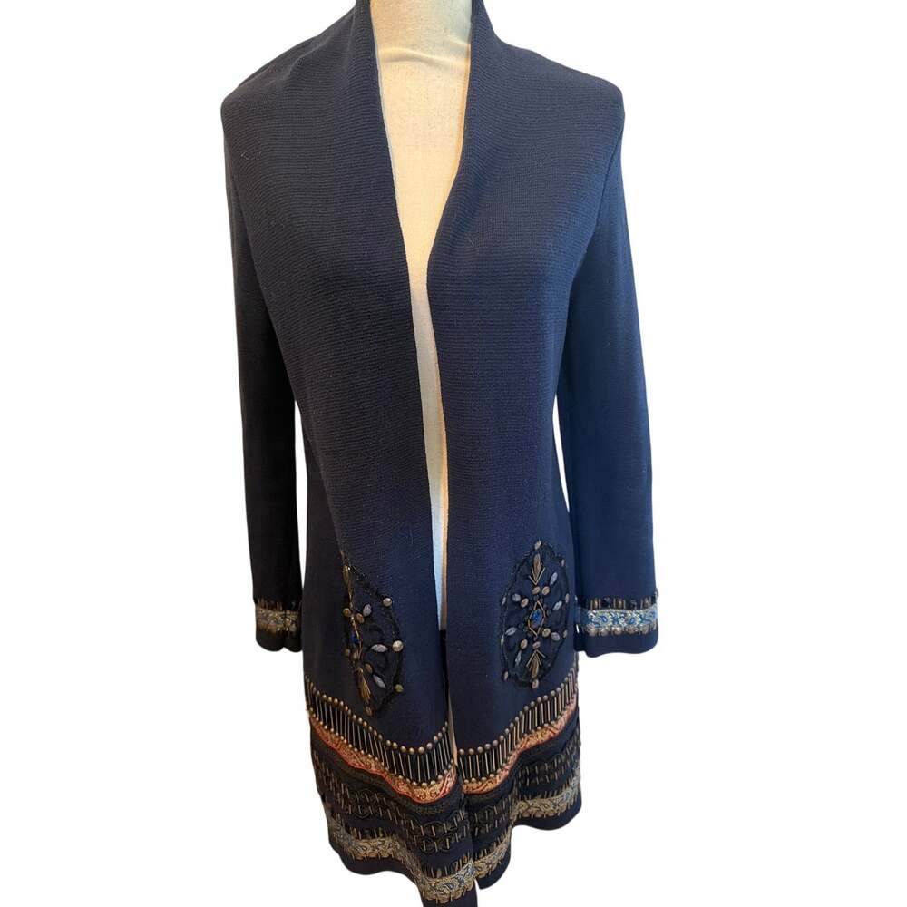 ⭐️ Women Chico’s Navy Long Cardigan Open Front Embellished Sweater SIZE 1 medium